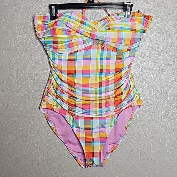 Bleu Rod Beattie 14 Plaid Twist front Bandeau One piece swimsuit multicolor - Picture 2 of 7